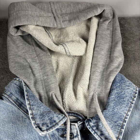 We The Free by Free People Hooded Denim Jean Jacket Trucker Distressed Large - Picture 6 of 13